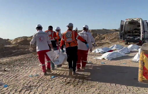Thumbnail preview image for the video titled: PRCS and Civil Defense retrieve their colleages killed by the IDF in Rafah
