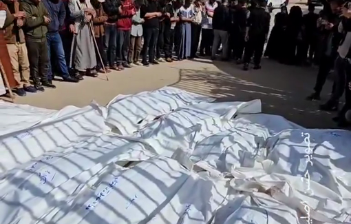 Thumbnail preview image for the video titled: Funeral prayer for families killed by Israeli bombing of their houses in Khan Younis