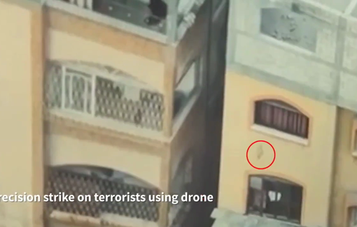 Thumbnail preview image for the video titled: IDF footage of a loitering munition (suicide drone) attacking a building in Gaza