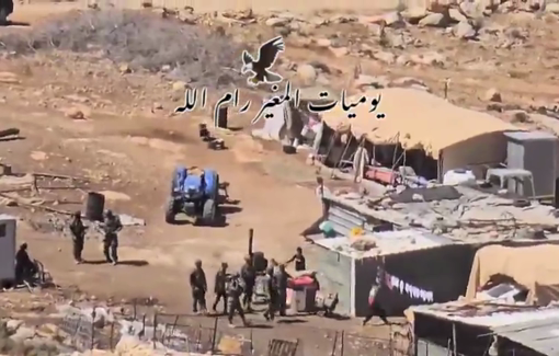 Thumbnail preview image for the video titled: Israeli settlers storm the residents' tents in the Al-Khalaya area of Al-Mughayyir