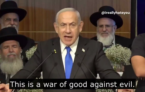 Thumbnail preview image for the video titled: Israeli PM doubles down on wiping out human animals in his war of good against evil