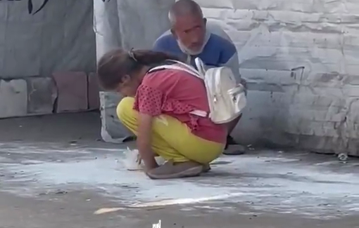 Thumbnail preview image for the video titled: Girl and her father scrape spilled flour off the ground