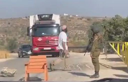 Thumbnail preview image for the video titled: An Israeli settler blocks the road to Yasuf village in Salfit, West Bank