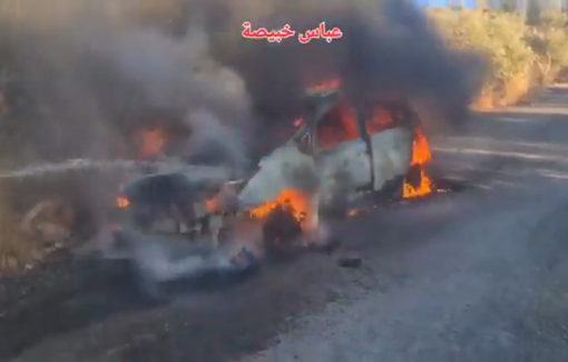 Thumbnail preview image for the video titled: Israeli settler gangs set fire to a vehicle during their attack on Mount Bir Qoza, in the town of Beita