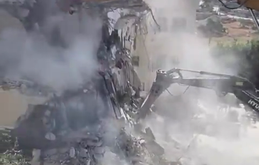 Thumbnail preview image for the video titled: Israeli Hyundai excavators razed a Palestinian residential structure in the village of Kharbatha Al-Masbeh, west of Ramallah