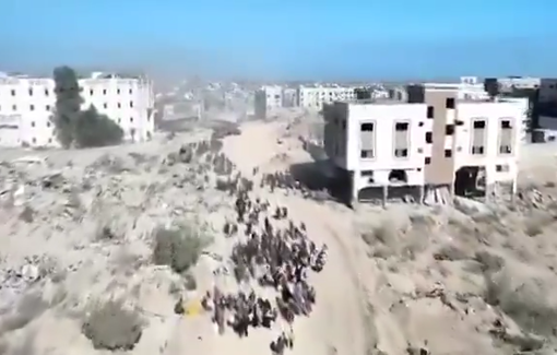 Thumbnail preview image for the video titled: The Israeli military filming with a drone its own mass displacement of Palestinians in northern Gaza under the threat of annihilation