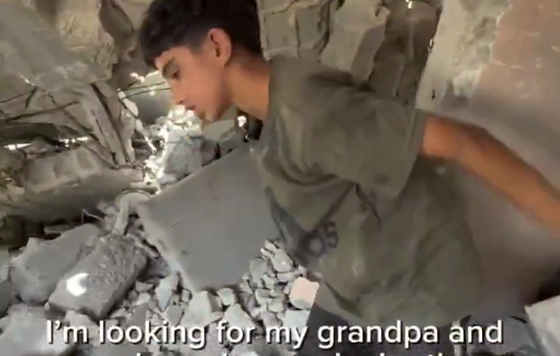 Thumbnail preview image for the video titled: Child searches for his grandparents missing under the rubble of their home