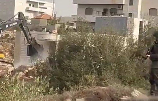 Thumbnail preview image for the video titled: Israeli excavator demolishing the house of Palestinian Mohammed Izzat Subuh in the town of Silwad