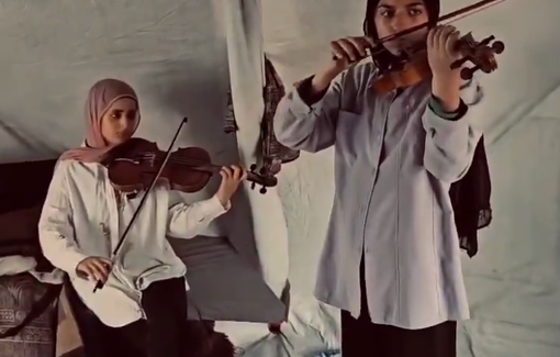 Thumbnail preview image for the video titled: Palestinians play music and teach it to the displaced children in tents