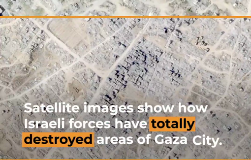 Thumbnail preview image for the video titled: Satellite images show how Israel is obliterating large areas of Gaza City between March and September