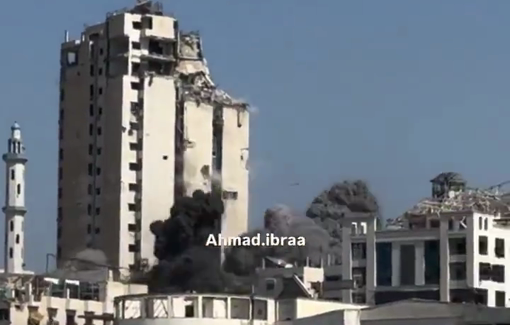Thumbnail preview image for the video titled: Israel bombs and destroys Al-Ghifari Tower