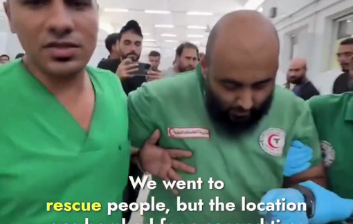 Thumbnail preview image for the video titled: Paramedic injured in Israeli double tap strike during rescue mission at the Abu Hasira residential block