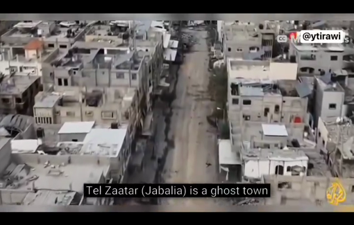 Thumbnail preview image for the video titled: Horrifiying footage from an Israeli military drone showing Tel Zaatar in Jabalia north Gaza