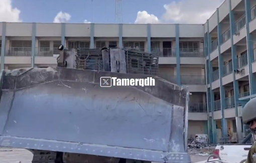 Thumbnail preview image for the video titled: IDF use UNRWA schools as parking for heavy machinery used for mass destruction